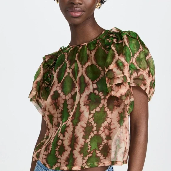 Ulla Johnson Green and Brown Tie-Dye 100% silk Women's Top - Picture 1 of 2